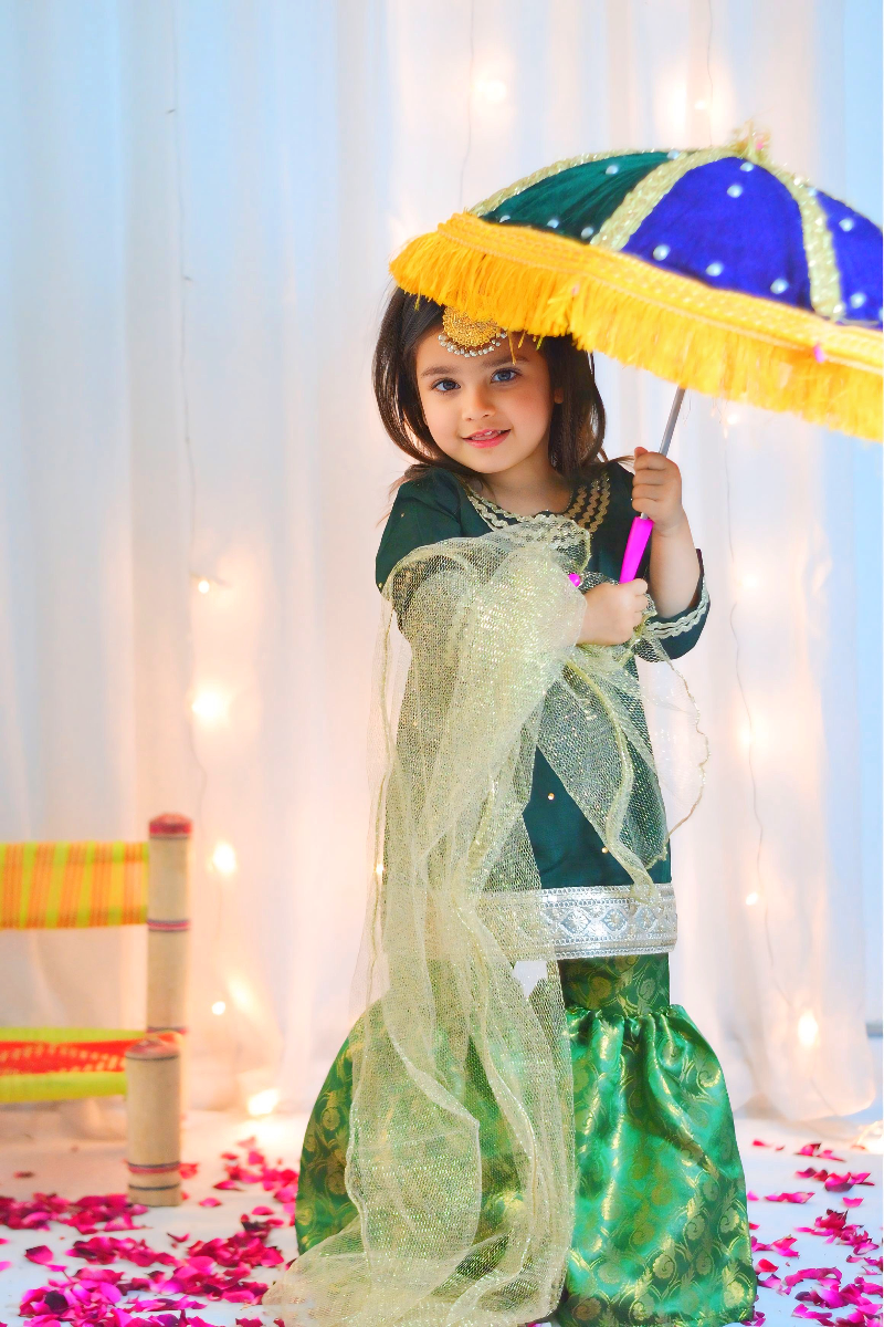 Mom4Little - Bottle Green Lehenga Set - Silk & Janawar with net - 3 Piece