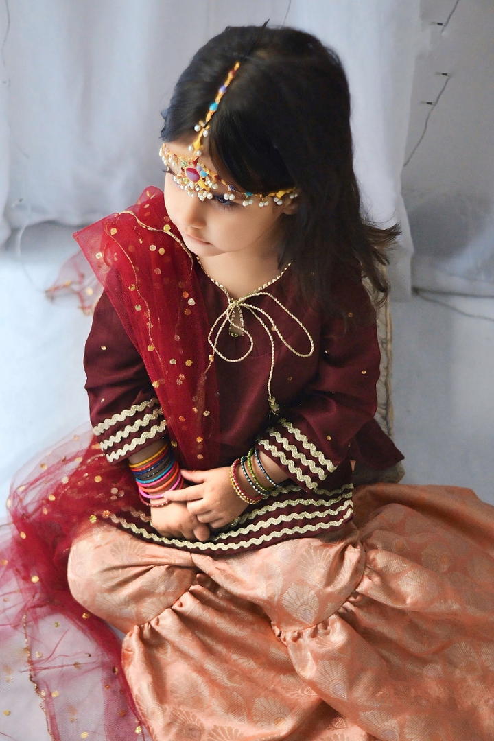 Mom4Little - Maroon Gharara Set - Silk & Janawar with net - 3 Piece