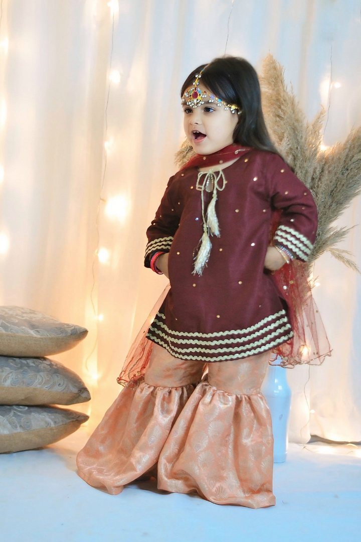 Mom4Little - Maroon Gharara Set - Silk & Janawar with net - 3 Piece