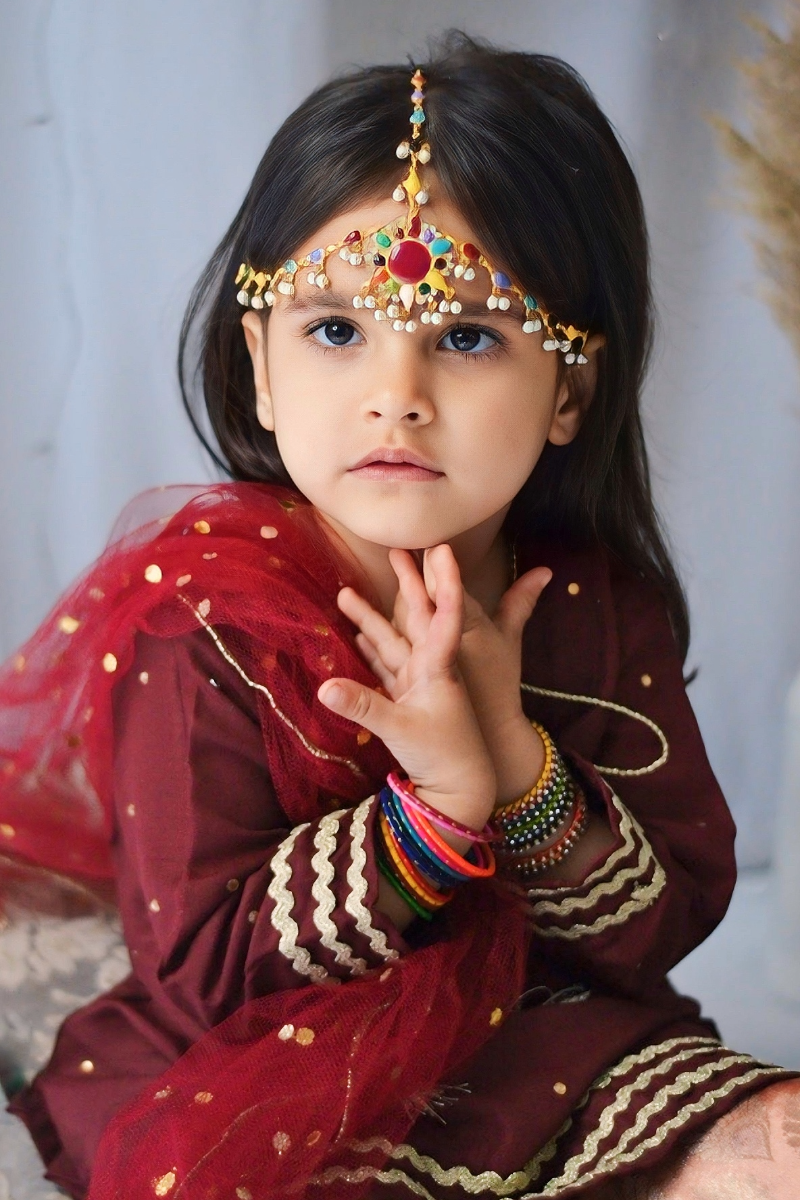 Mom4Little - Maroon Gharara Set - Silk & Janawar with net - 3 Piece