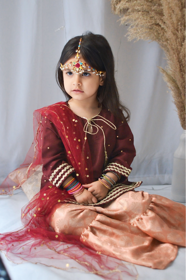 Mom4Little - Maroon Gharara Set - Silk & Janawar with net - 3 Piece