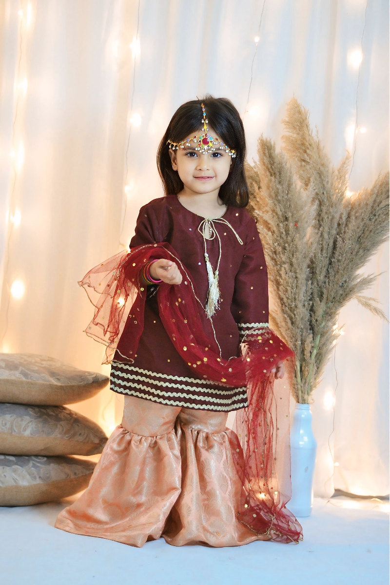 Mom4Little - Maroon Gharara Set - Silk & Janawar with net - 3 Piece