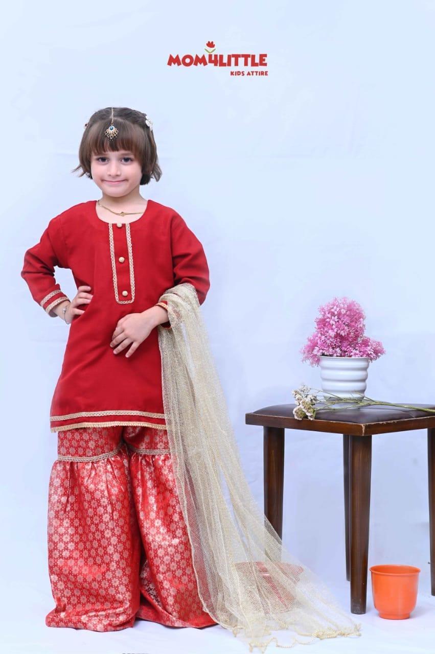 Mom4Little Red Raw Silk Gharara Set