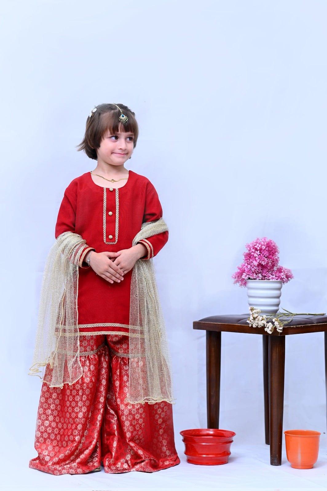 Mom4Little Red Raw Silk Gharara Set