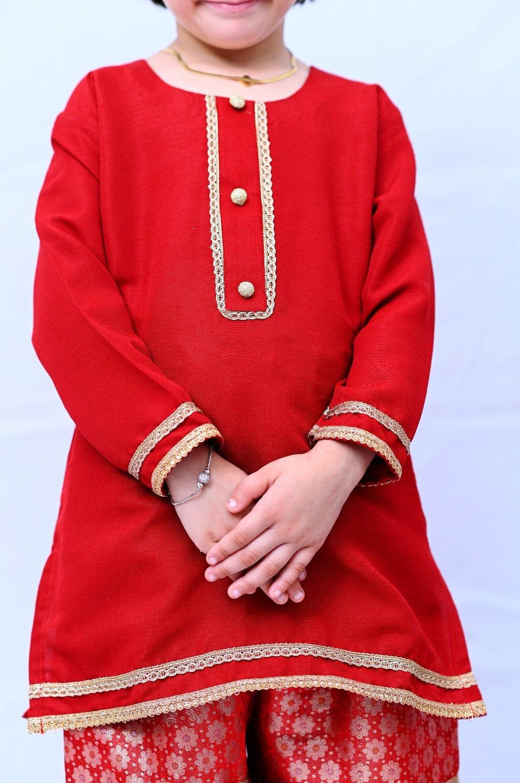 Mom4Little Red Raw Silk Gharara Set