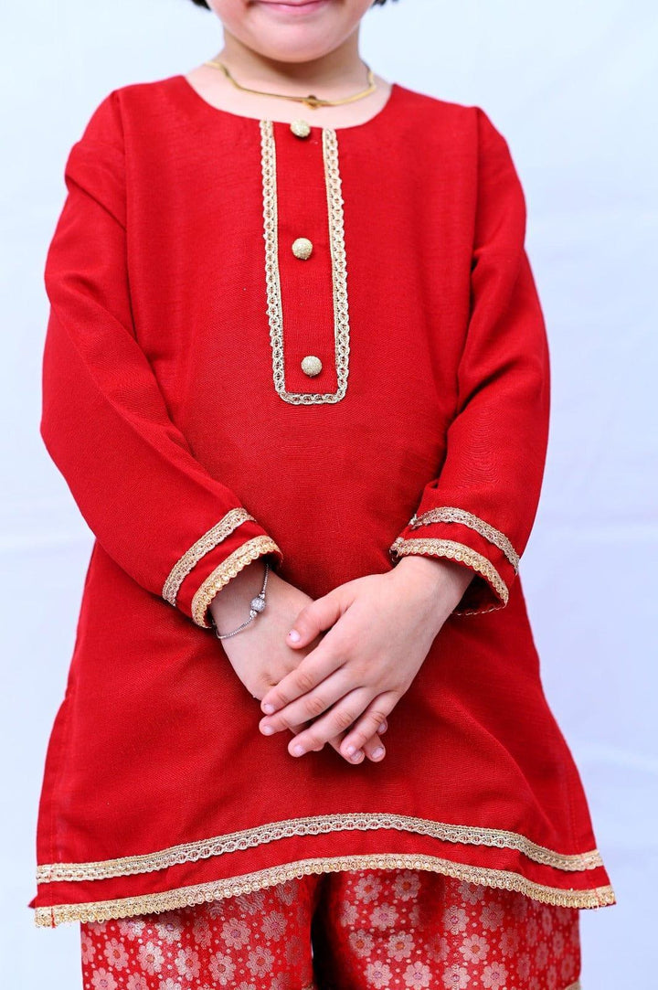 Mom4Little Red Raw Silk Gharara Set
