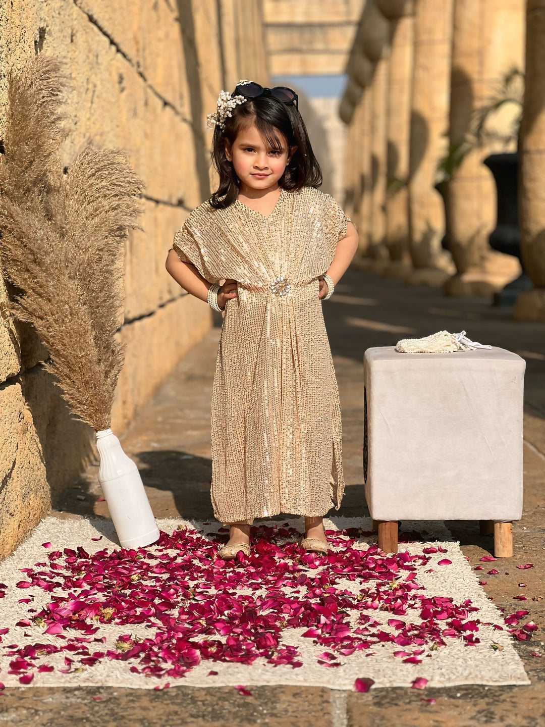 Mom4Little - Sequin Kaftan with Crystal Brooch For Girl - Raw Silk  - Soft Gold  - 3 Piece