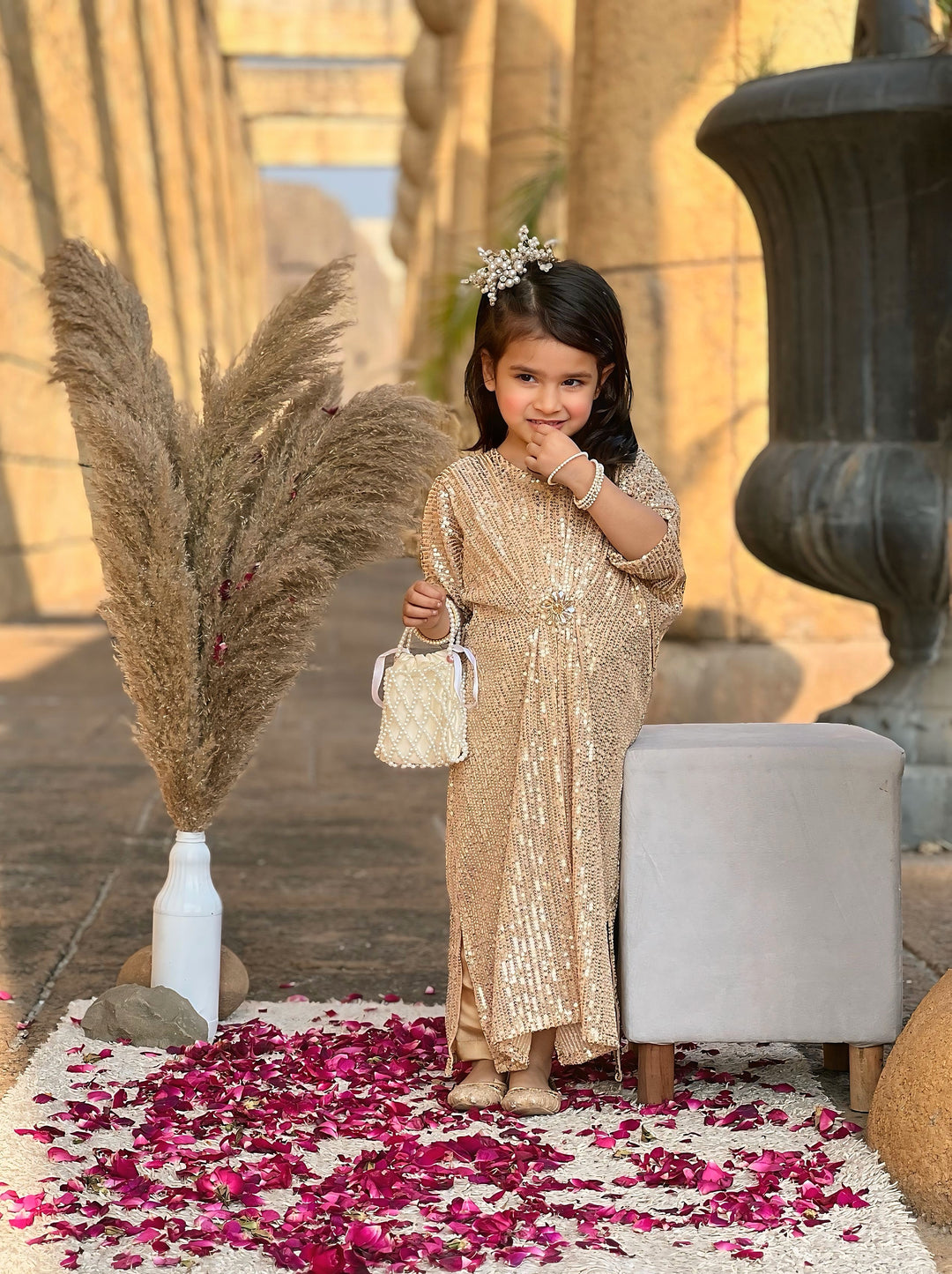 Mom4Little - Sequin Kaftan with Crystal Brooch For Girl - Raw Silk  - Soft Gold  - 3 Piece