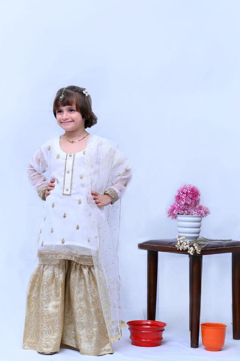 Mom4Little  White Chiffon Gharara Set