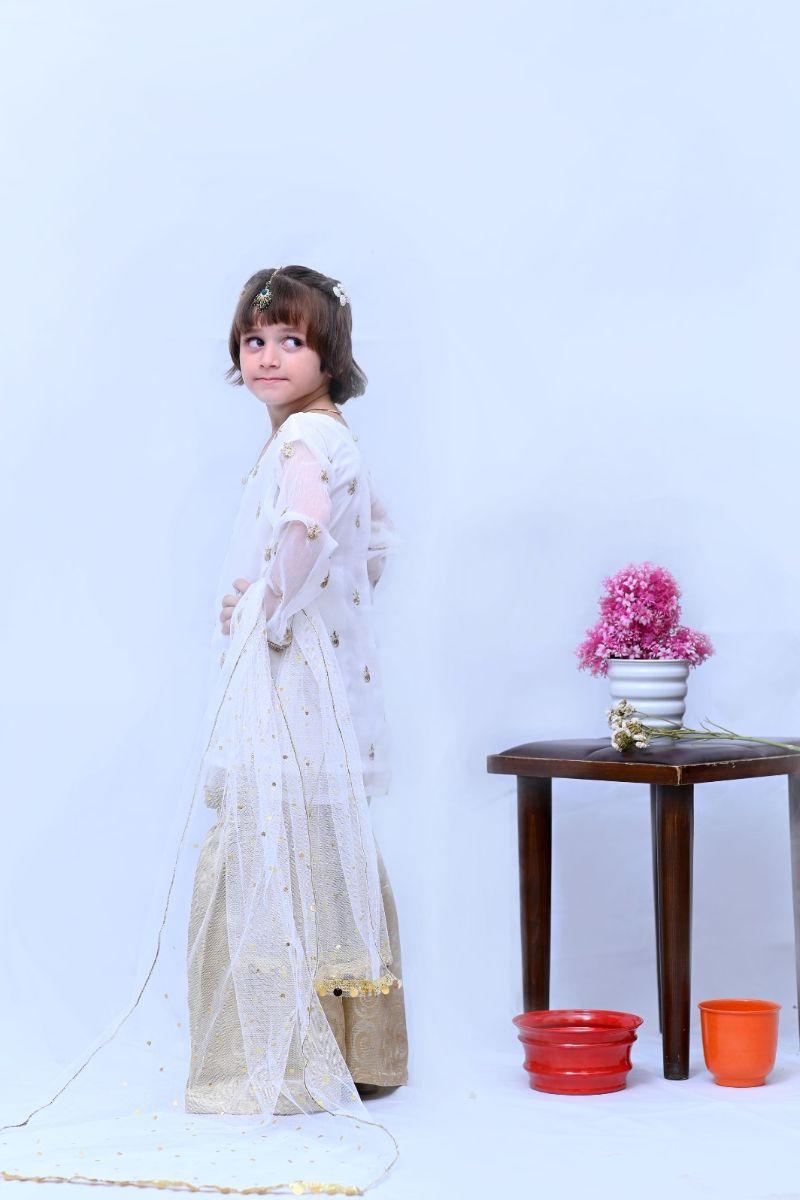 Mom4Little  White Chiffon Gharara Set