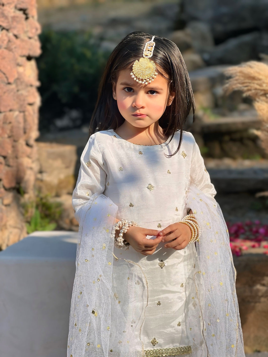 Mom4Little - Zari Boti Shirt Net Gharara For Girl - white  - 3 Piece