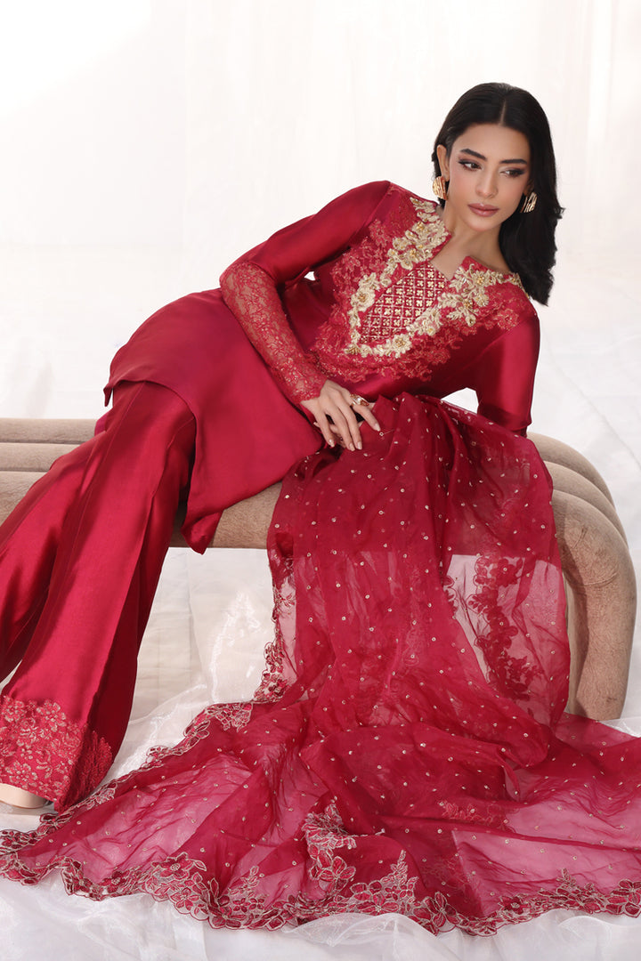 Musferah Saad - Carmina - Cherry Red - Tissue Silk & Organza - 3 Piece