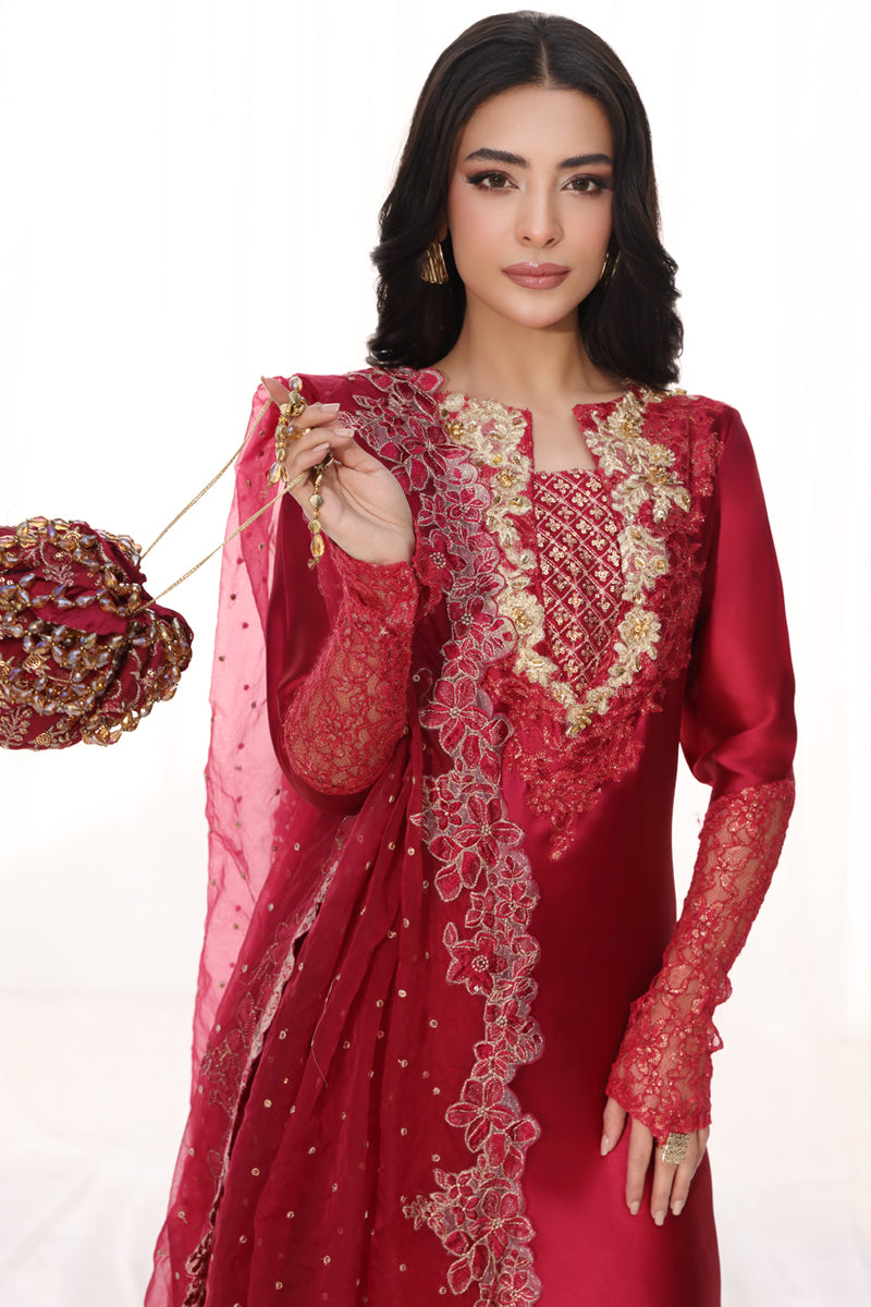 Musferah Saad - Carmina - Cherry Red - Tissue Silk & Organza - 3 Piece