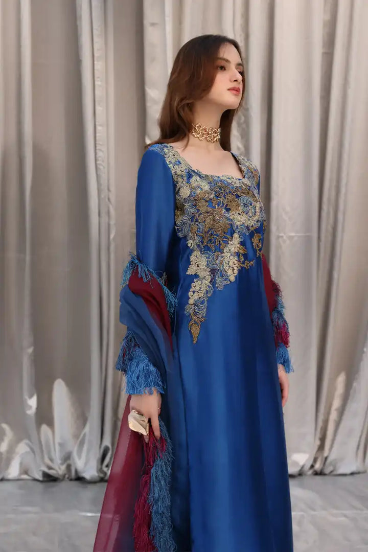 Musferah Saad - Celestial Ocean - Cobalt Blue - Tissue Silk & Organza - 3 Piece