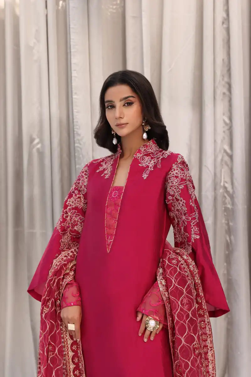 Musferah Saad - Cherry Wine - Magenta - Tissue Silk, Kimkhab & Net - 3 Piece