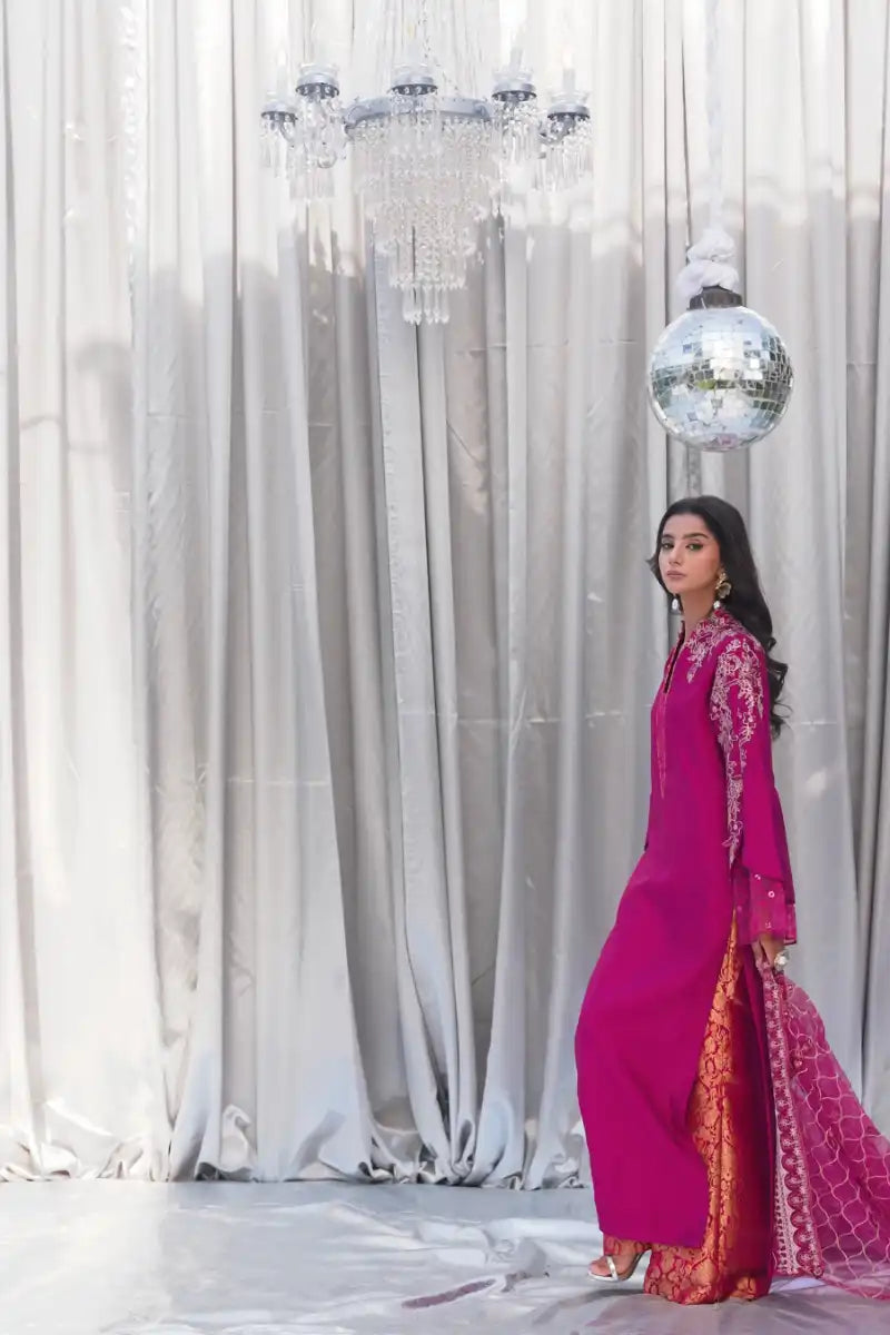 Musferah Saad - Cherry Wine - Magenta - Tissue Silk, Kimkhab & Net - 3 Piece