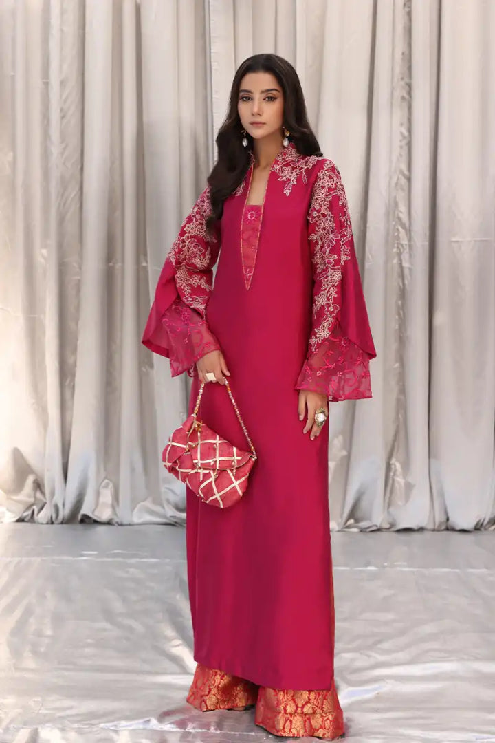 Musferah Saad - Cherry Wine - Magenta - Tissue Silk, Kimkhab & Net - 3 Piece