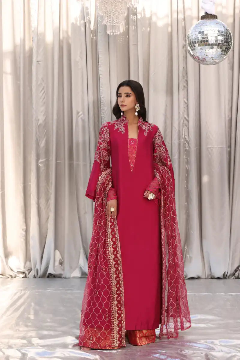 Musferah Saad - Cherry Wine - Magenta - Tissue Silk, Kimkhab & Net - 3 Piece