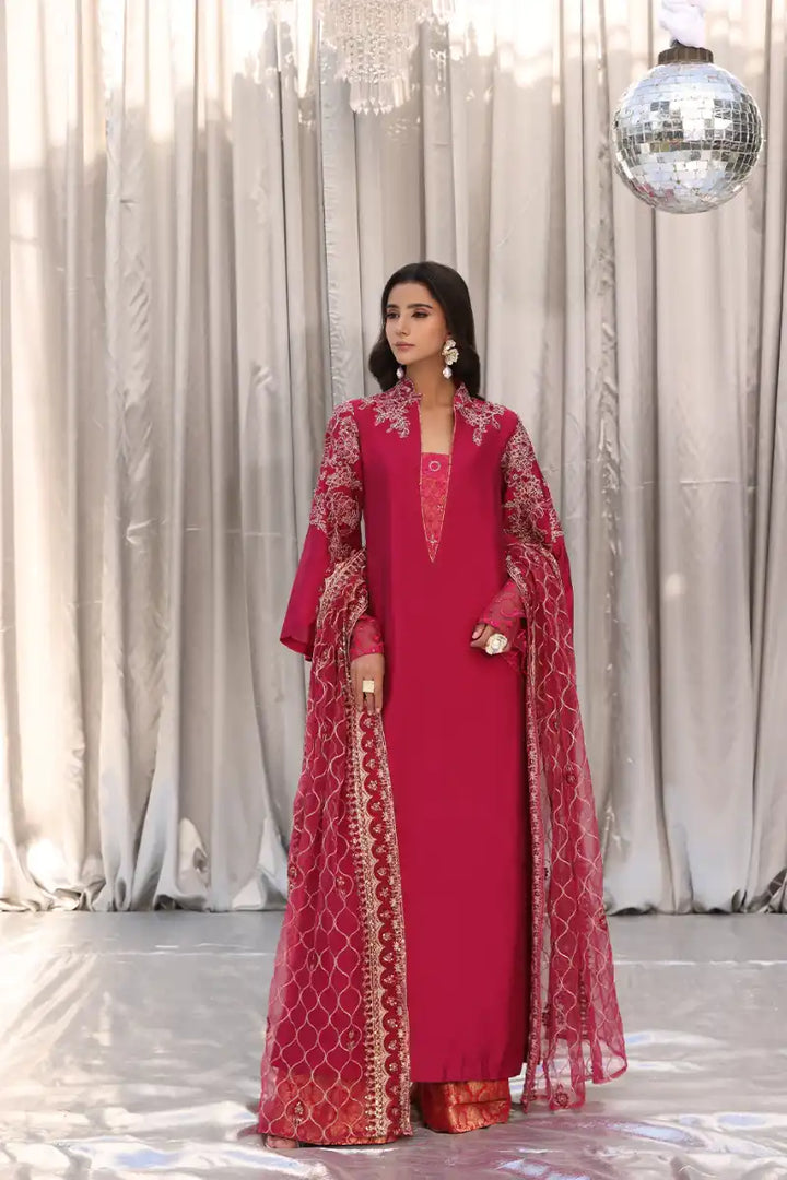Musferah Saad - Cherry Wine - Magenta - Tissue Silk, Kimkhab & Net - 3 Piece
