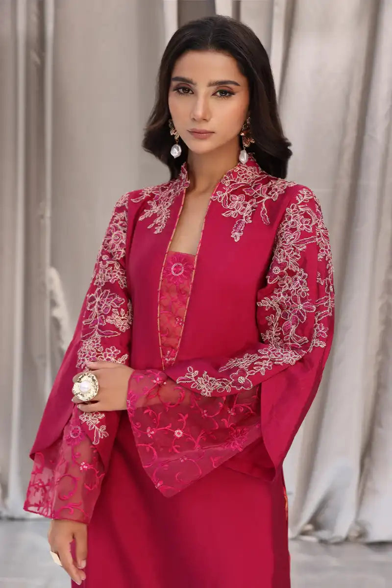 Musferah Saad - Cherry Wine - Magenta - Tissue Silk, Kimkhab & Net - 3 Piece