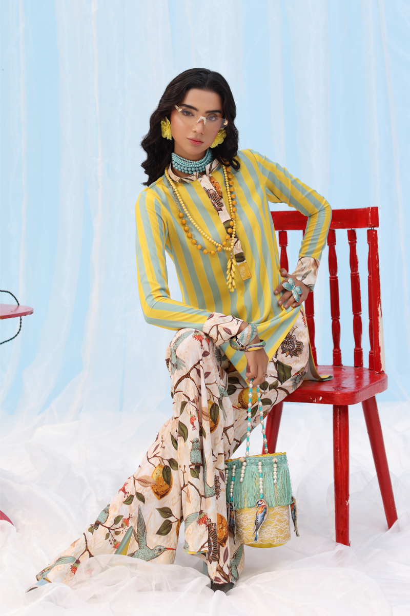 Musferah Saad - -Citrus Lime - Yellow - Silk - 2 Piece