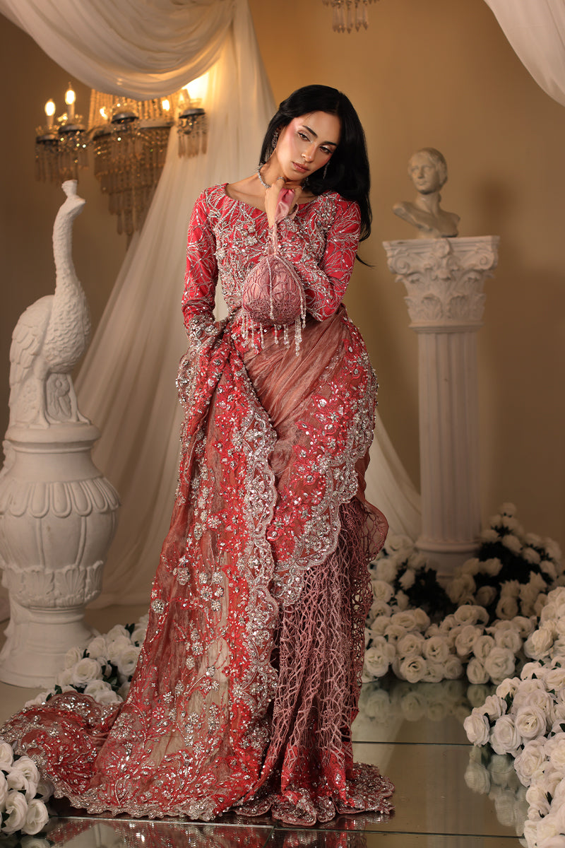 Musferah Saad Coral Majesty Saree Red 3 Piece
