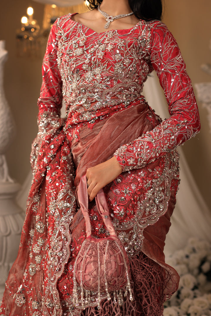 Musferah Saad Coral Majesty Saree Red 3 Piece