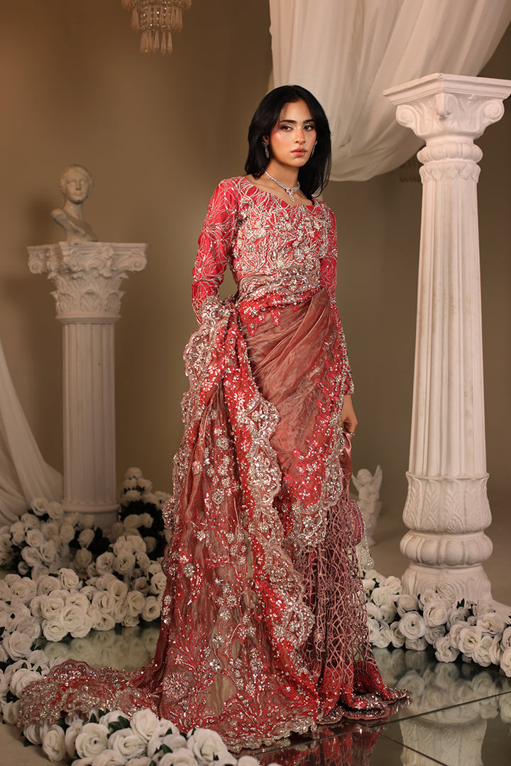 Musferah Saad Coral Majesty Saree Red 3 Piece