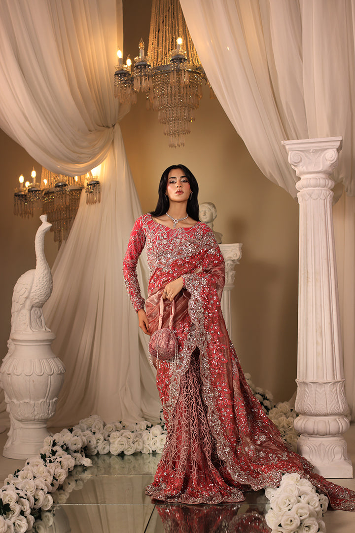 Musferah Saad Coral Majesty Saree Red 3 Piece