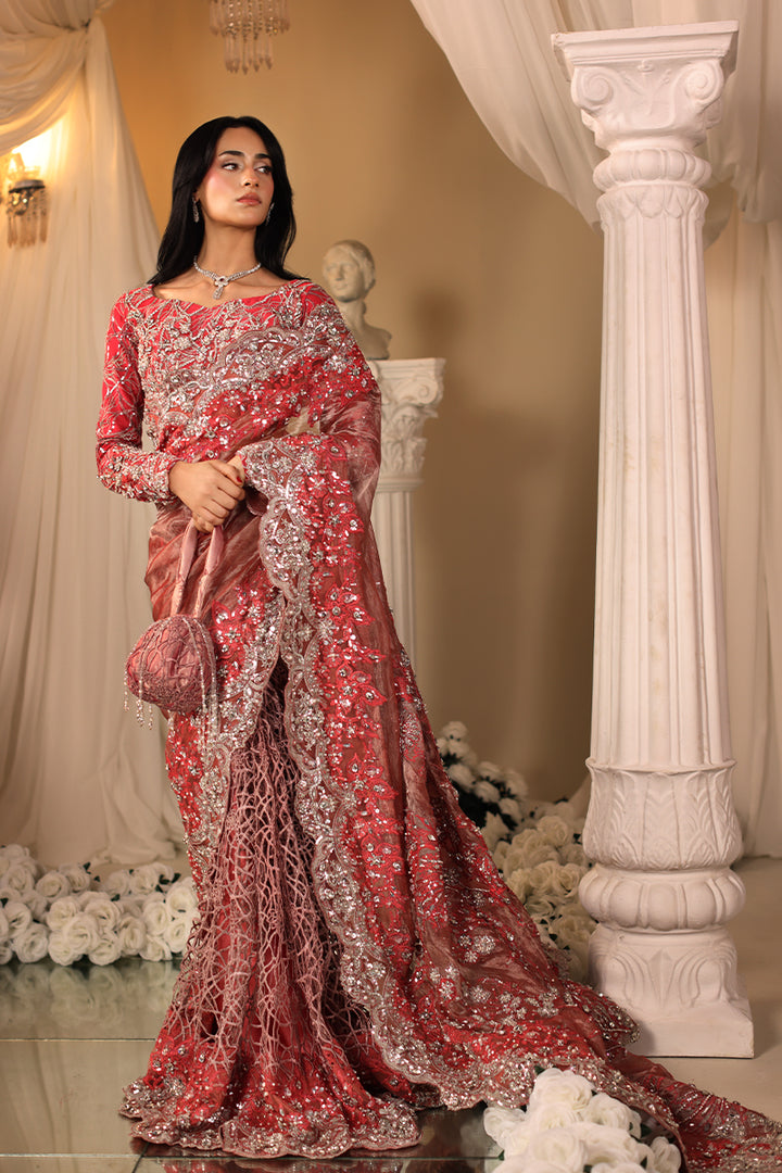 Musferah Saad Coral Majesty Saree Red 3 Piece