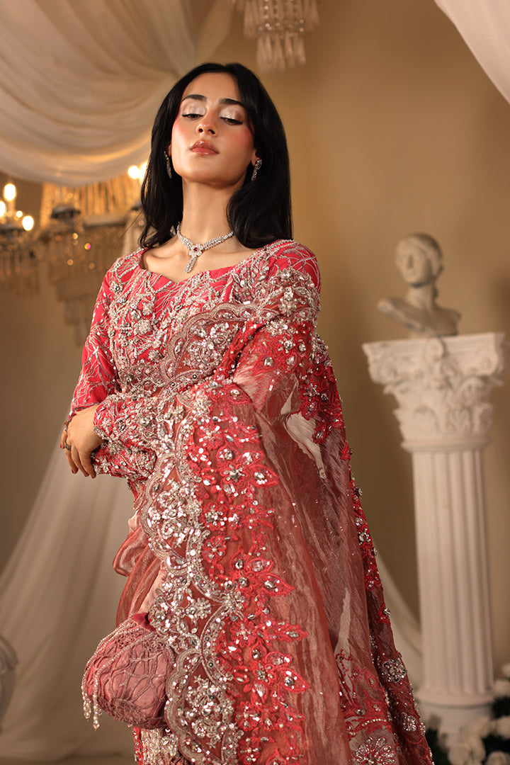 Musferah Saad Coral Majesty Saree Red 3 Piece