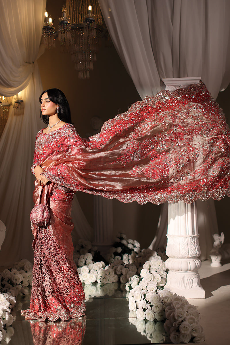 Musferah Saad Coral Majesty Saree Red 3 Piece