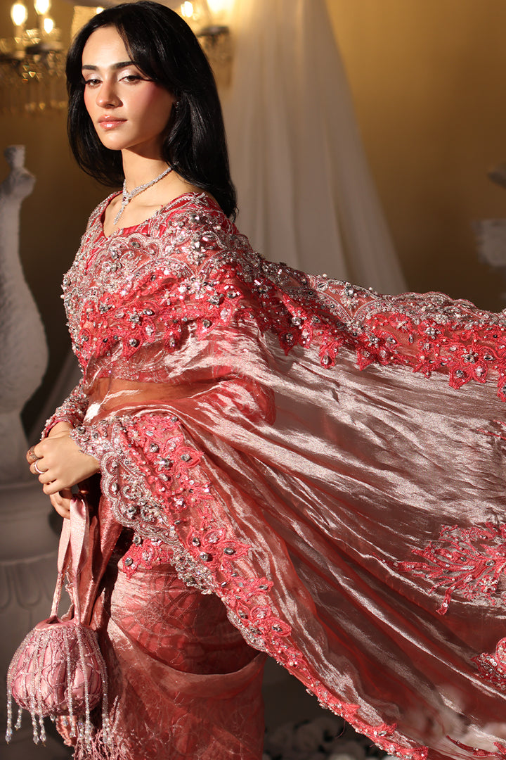 Musferah Saad Coral Majesty Saree Red 3 Piece