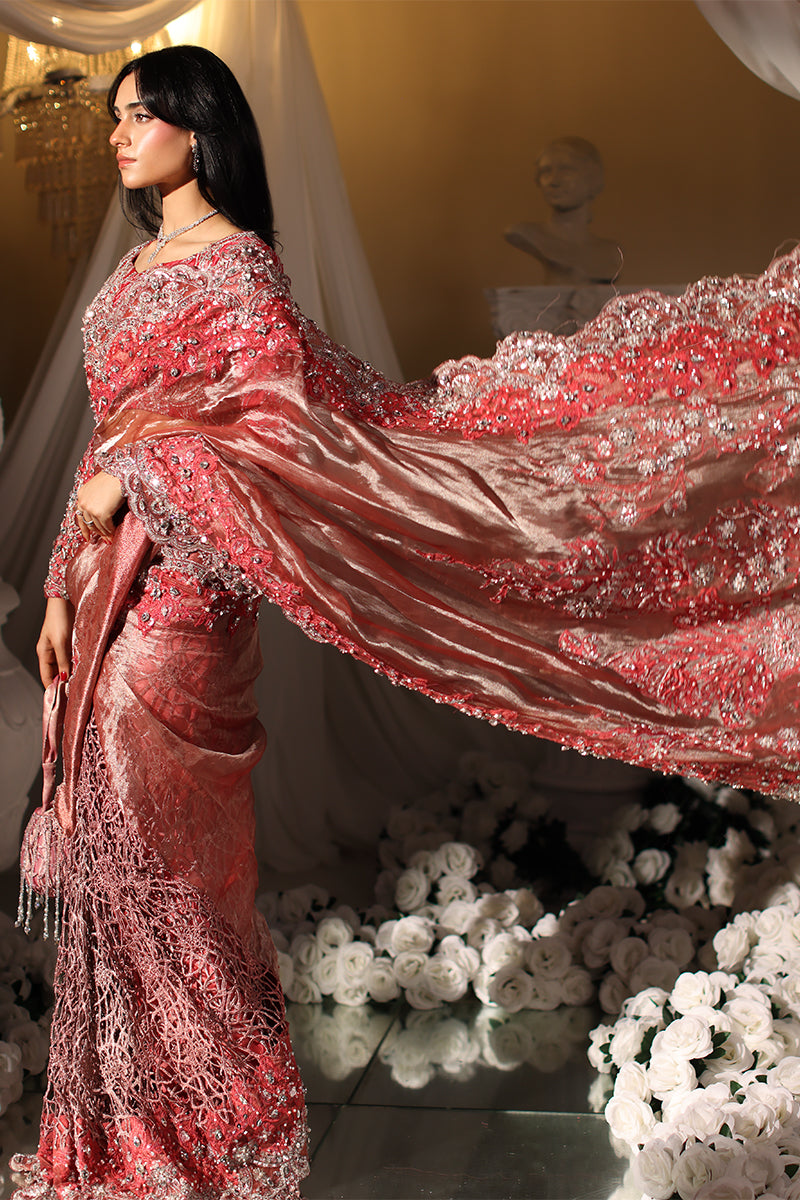 Musferah Saad Coral Majesty Saree Red 3 Piece