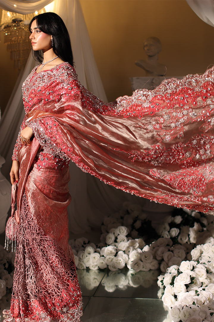 Musferah Saad Coral Majesty Saree Red 3 Piece