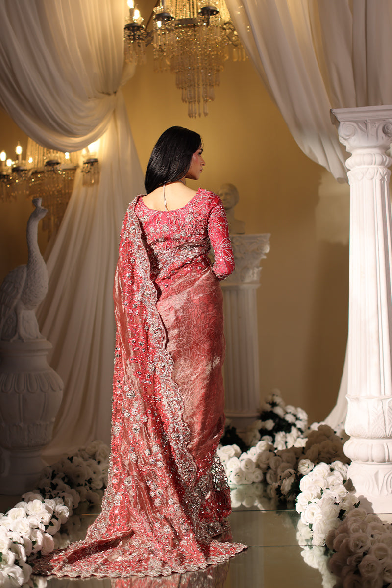 Musferah Saad Coral Majesty Saree Red 3 Piece