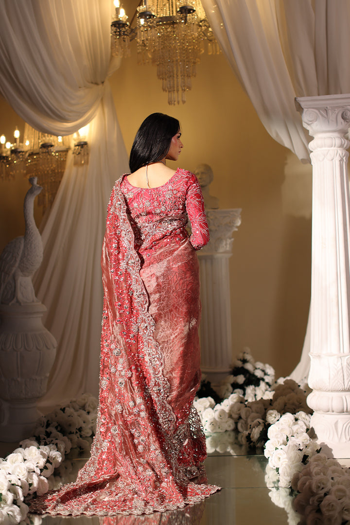 Musferah Saad Coral Majesty Saree Red 3 Piece