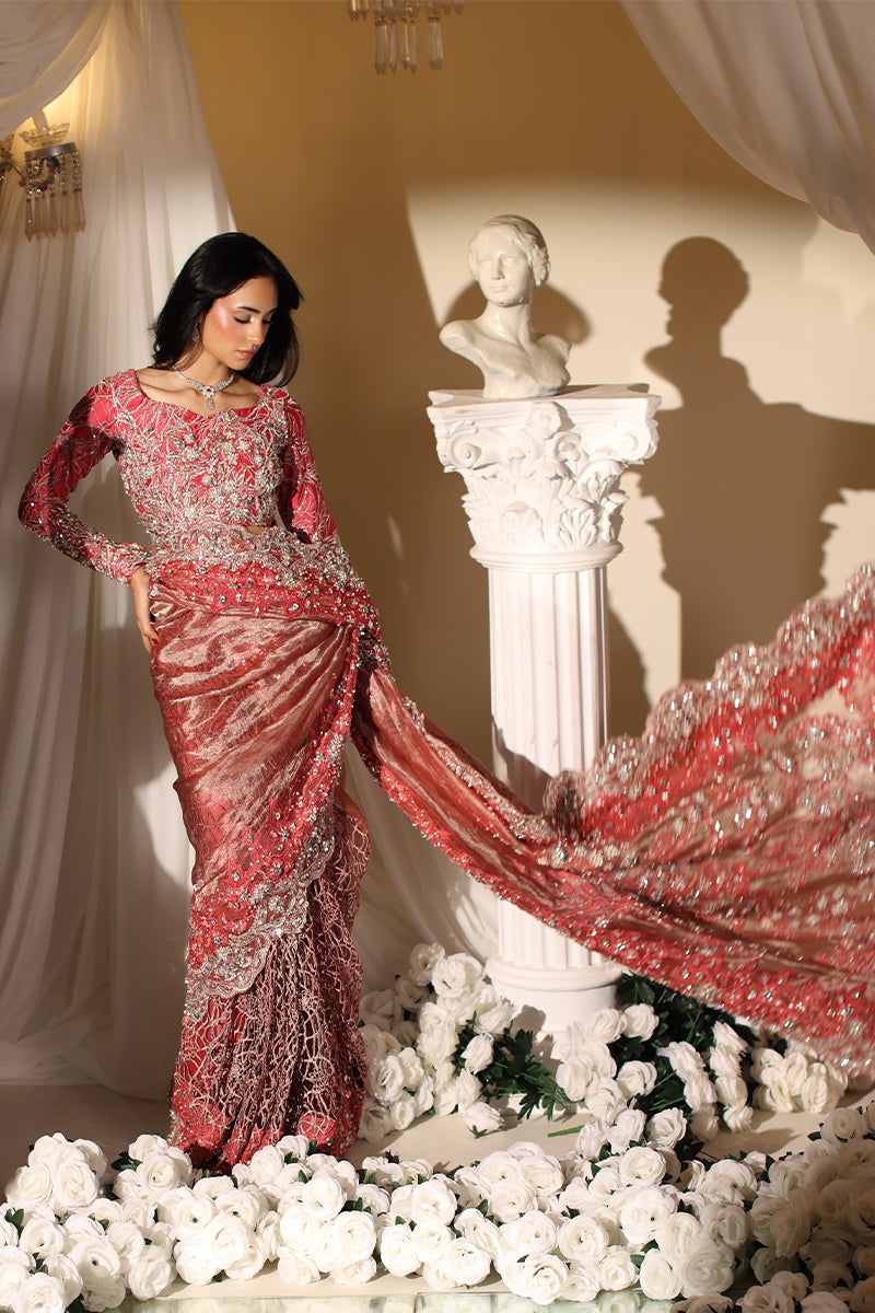 Musferah Saad Coral Majesty Saree Red 3 Piece