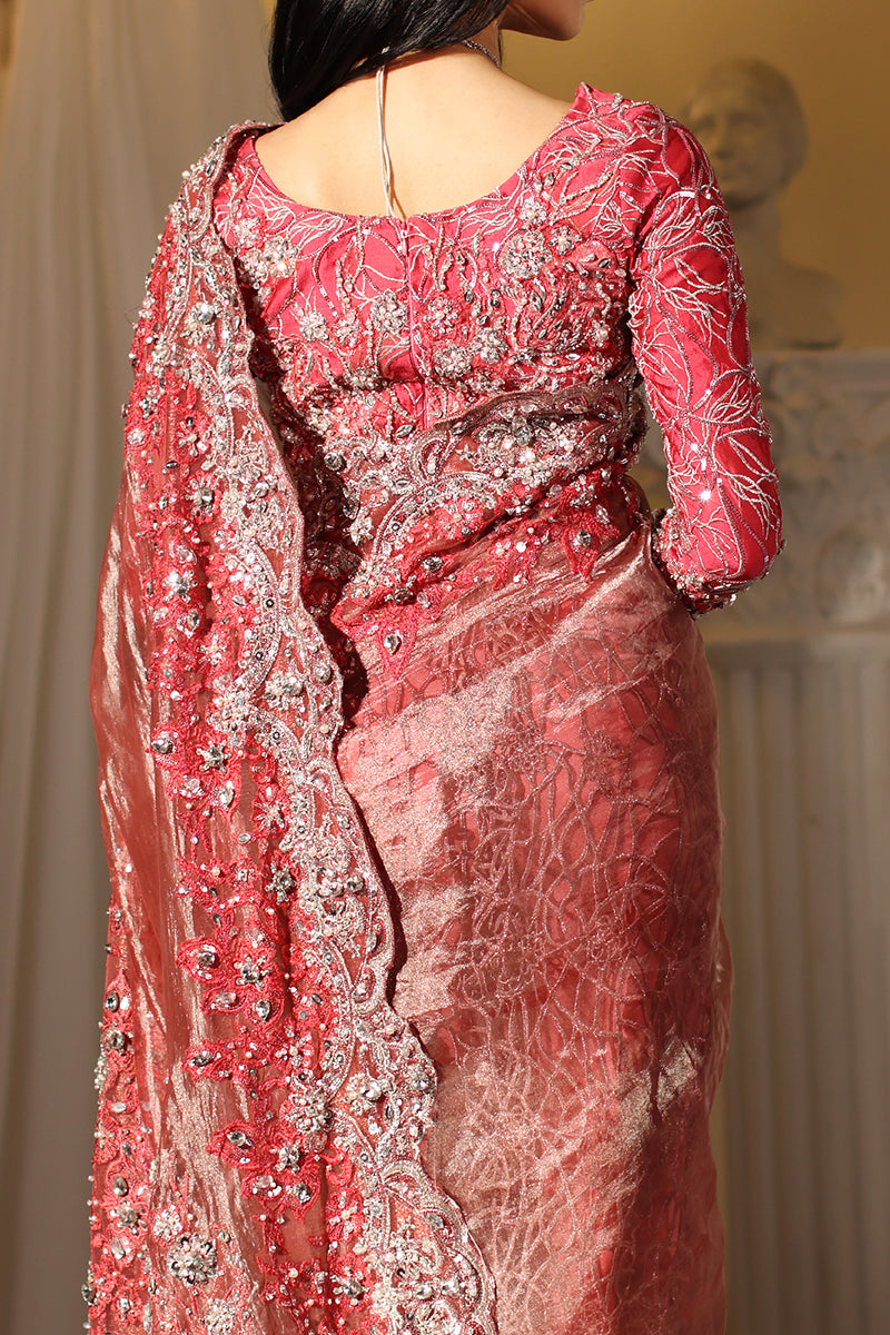 Musferah Saad Coral Majesty Saree Red 3 Piece