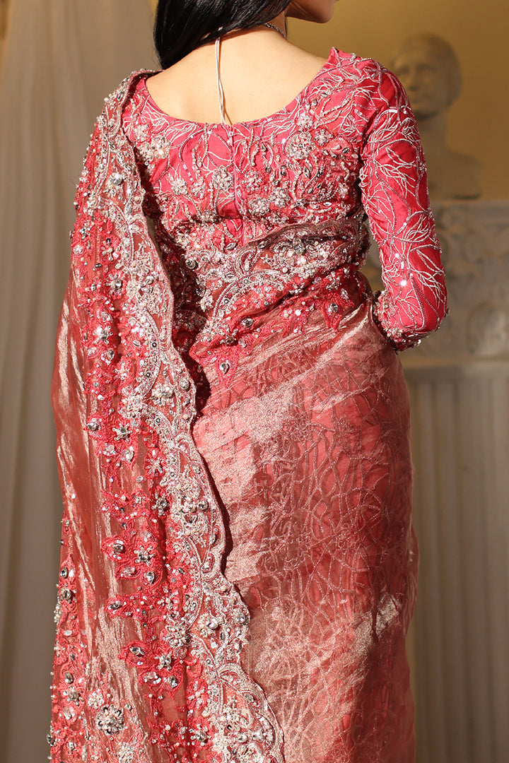 Musferah Saad Coral Majesty Saree Red 3 Piece