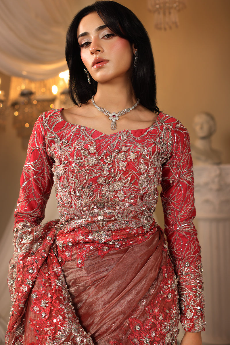 Musferah Saad Coral Majesty Saree Red 3 Piece