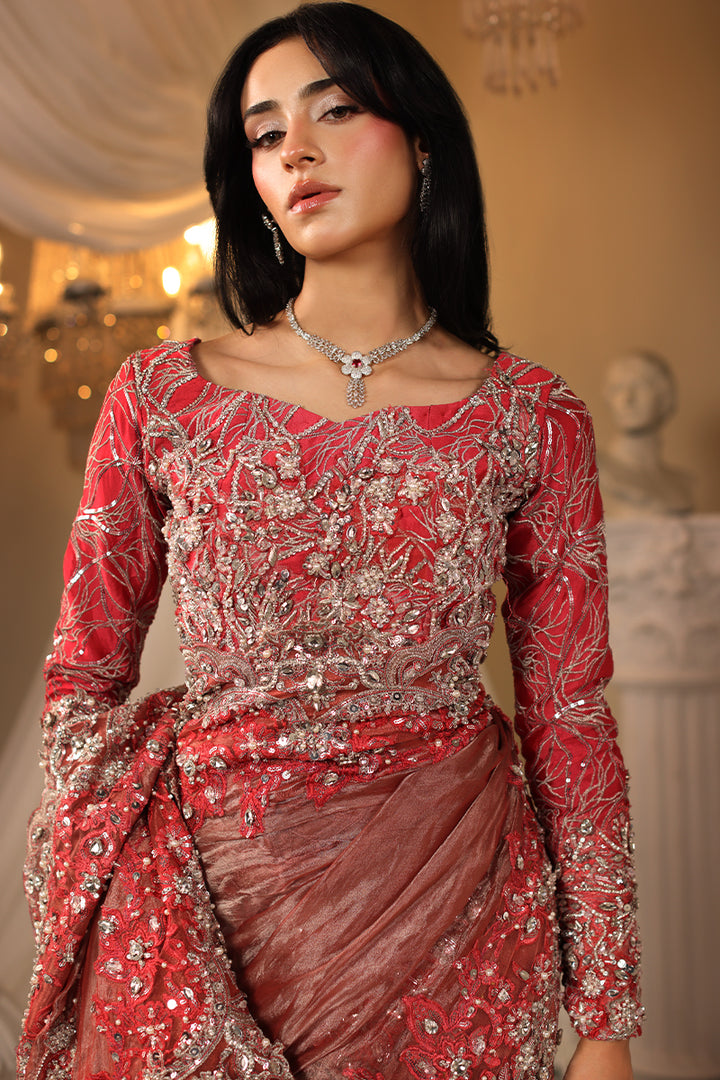 Musferah Saad Coral Majesty Saree Red 3 Piece