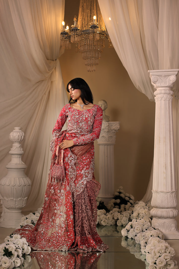 Musferah Saad Coral Majesty Saree Red 3 Piece