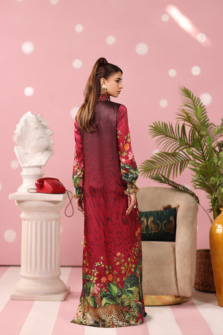 Musferah Saad - Crimson Monsoon Printed Silk Kaftaan For Women - 2 piece