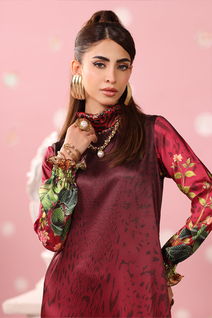 Musferah Saad - Crimson Monsoon Printed Silk Kaftaan For Women - 2 piece