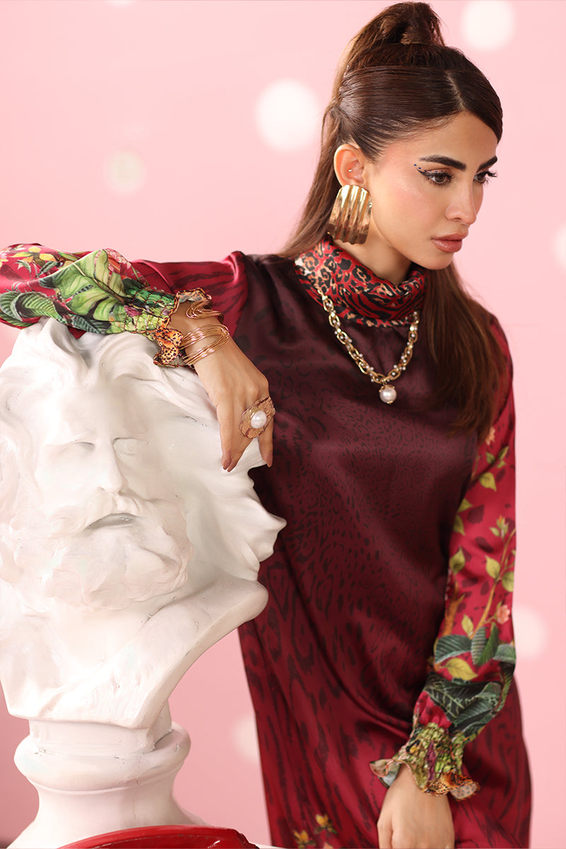 Musferah Saad - Crimson Monsoon Printed Silk Kaftaan For Women - 2 piece