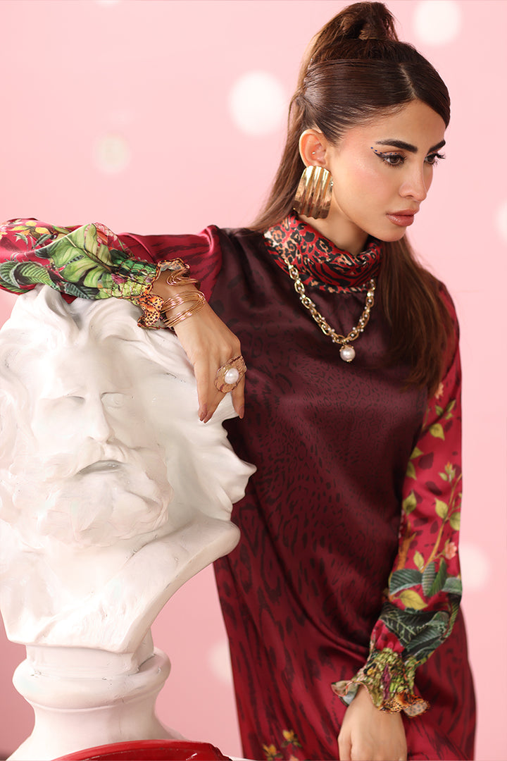 Musferah Saad - Crimson Monsoon Printed Silk Kaftaan For Women - 2 piece