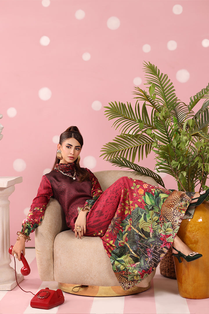 Musferah Saad - Crimson Monsoon Printed Silk Kaftaan For Women - 2 piece