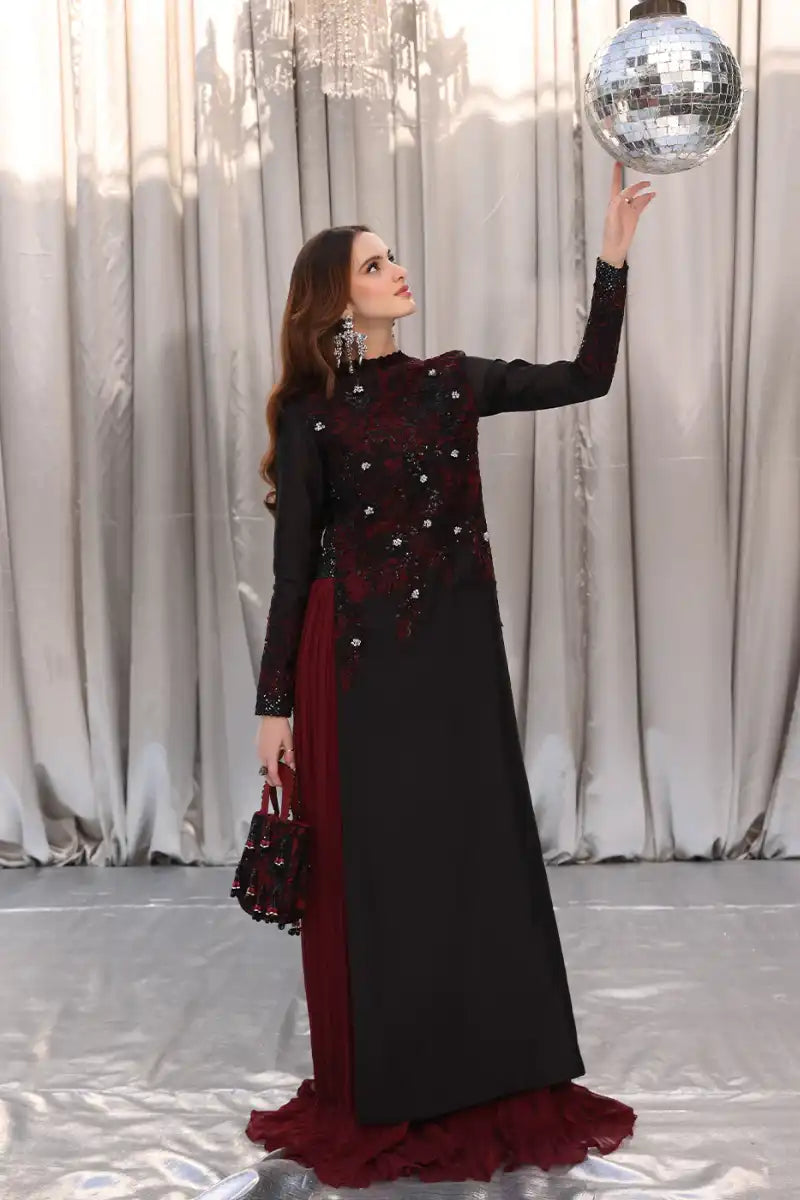 Musferah Saad - Crimson Noir - Black - Tissue Silk & Chiffon - 3 Piece