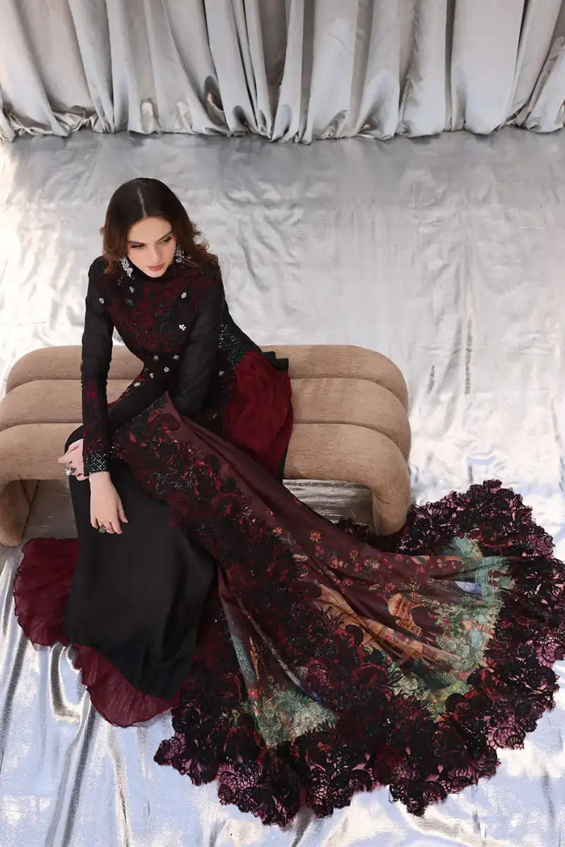 Musferah Saad - Crimson Noir - Black - Tissue Silk & Chiffon - 3 Piece